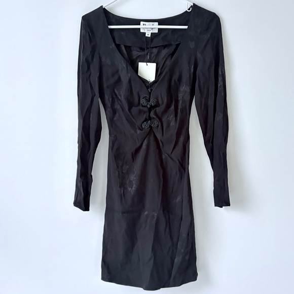 ROUJE PARIS Nancia Floral Jacquard Silk Satin Black Mini Dress Frog Knot Detail - Picture 10 of 16